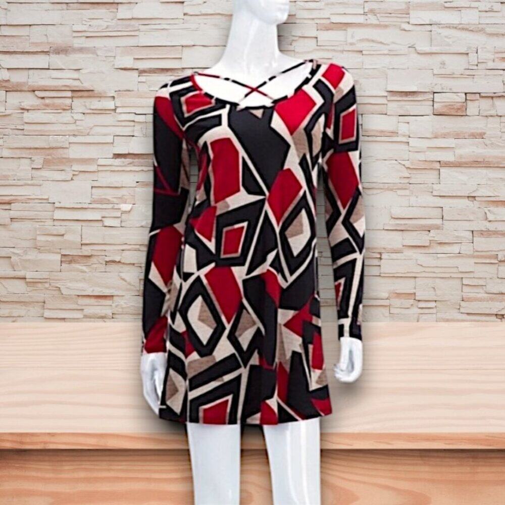 Geometric Red and Black Long Sleeve Dress